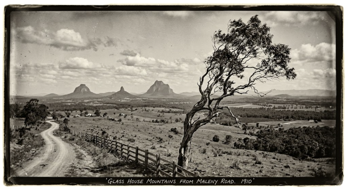 A sepia plate looking down a dirt road from the Maleny road, past a post and rail fence and a wind-shaped gum, across farmland to the volcanic peaks of the Glass House Mountains on the horizon