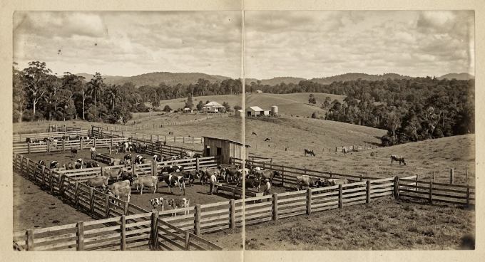 A sepia two-panel panorama of a hinterland dairy farm, with cattle standing in timber yards in the foreground, sheds and a homestead beyond, and cleared ridges running back to forested hills